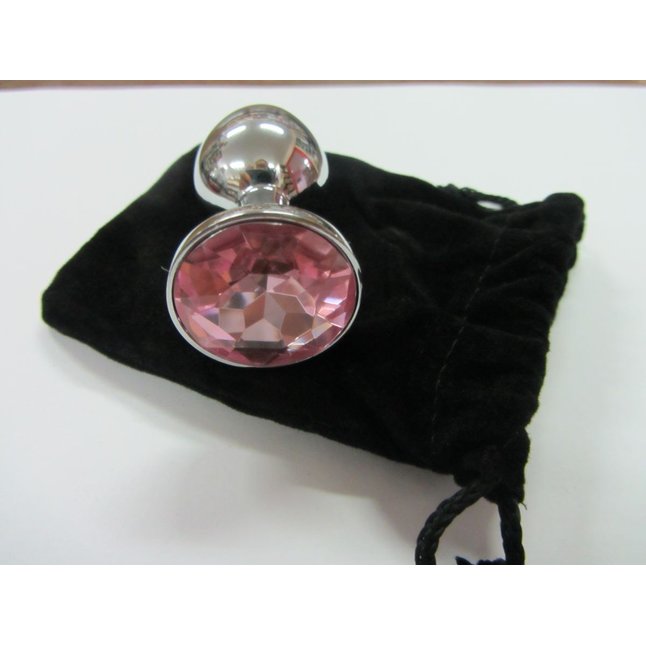 Серебристая анальная пробка среднего размера с розовым кристаллом - 8 см