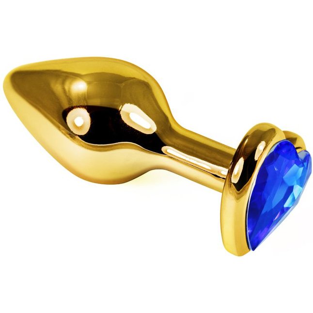 Золотистая анальная пробка с синим кристаллом-сердечком - 7,6 см