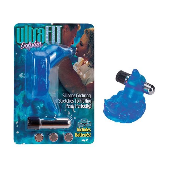 Голубое эрекционное колечко в форме дельфина с вибропулей UltraFit Dolphin