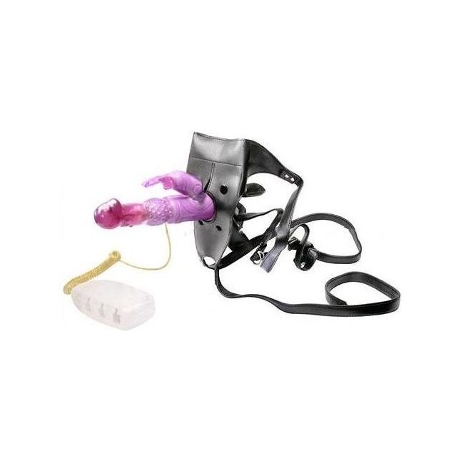 Фиолетовый страпон на трусиках с вибрацией и клиторальным зайчиком - 17,8 см. Фотография 4.