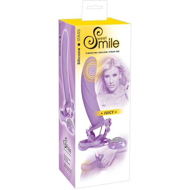 Полый фиолетовый страпон Juicy с вибрацией и выносным пультом - 21 см - Smile