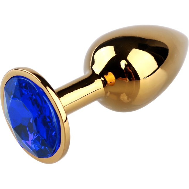 Золотистая металлическая анальная пробка с синим стразом - 7,6 см