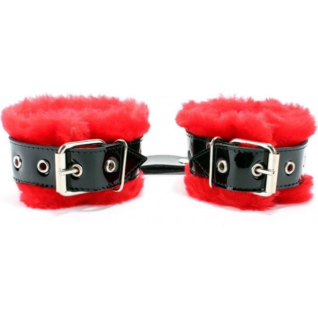 Красные меховые наручники с ремешками из лакированной кожи - BDSM Light