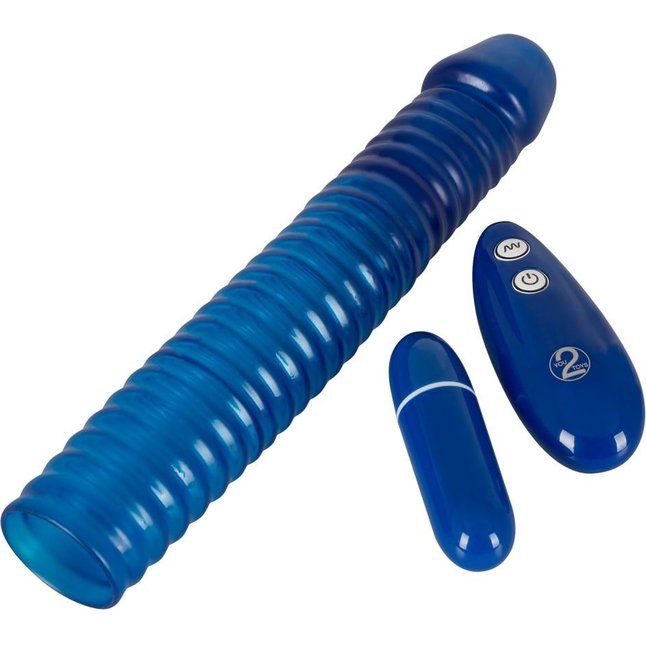 Синяя вибронасадка на пенис Vibrating Sleeve с пультом управления - 22,5 см - You2Toys