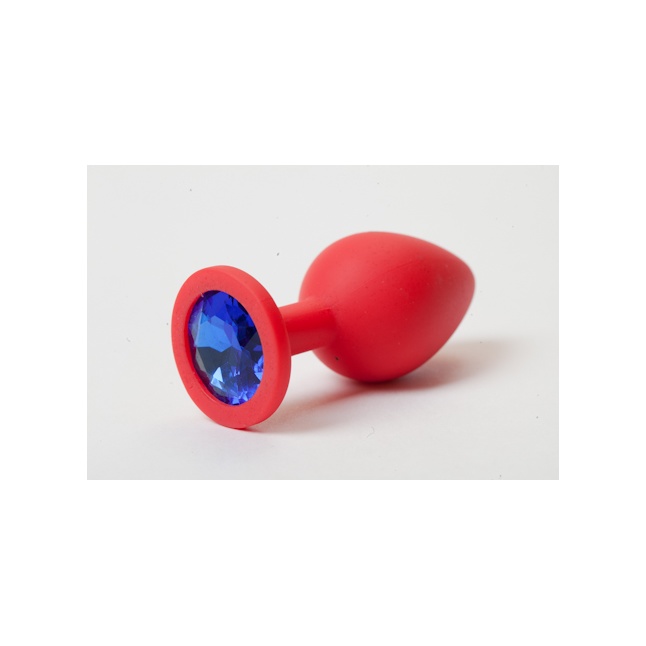 Красная силиконовая анальная пробка с синим стразом - 8,2 см