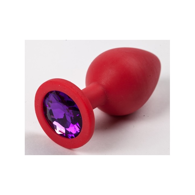 Красная силиконовая анальная пробка с фиолетовым стразом - 8,2 см