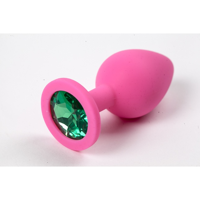 Розовая силиконовая анальная пробка с зеленым стразом - 8,2 см