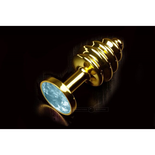 Маленькая золотистая витая пробка с голубым кристаллом - 7,5 см