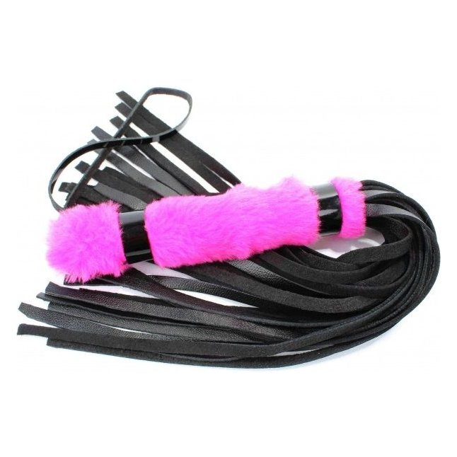 Черная плеть с розовой меховой рукоятью - 44 см - BDSM Light