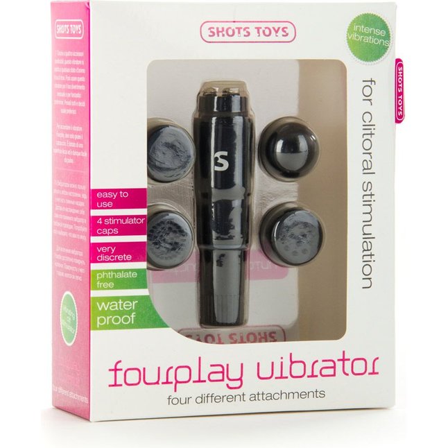 Черный мини-вибратор с насадками Fourplay - Shots Toys. Фотография 2.