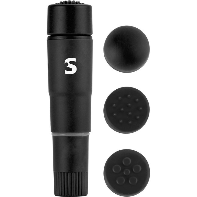 Черный мини-вибратор с насадками Fourplay - Shots Toys