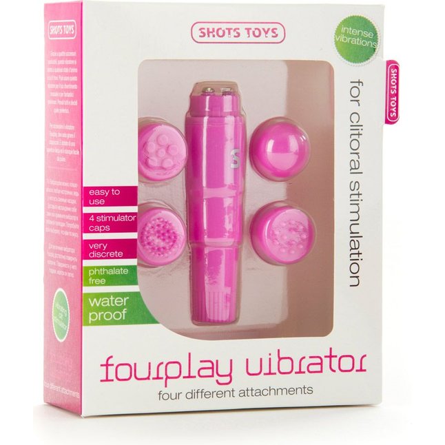 Розовый мини-вибратор с насадками Fourplay - Shots Toys. Фотография 2.