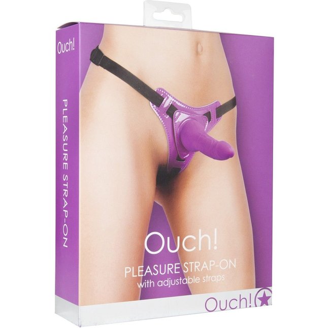 Фиолетовый страпон Pleasure Strap-On - 14,5 см - Ouch!. Фотография 2.