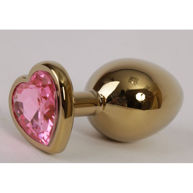 Золотистая анальная пробка с розовым стразиком-сердечком - 7,5 см. Фотография 3.
