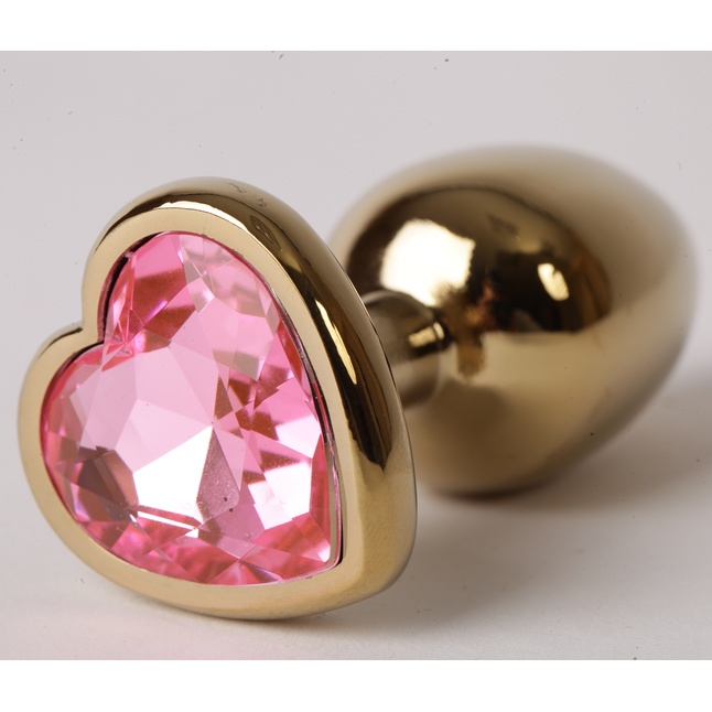 Золотистая анальная пробка с розовым стразиком-сердечком - 8 см