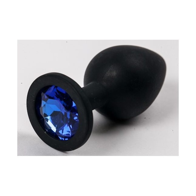Черная силиконовая анальная пробка с синим кристаллом - 9,5 см