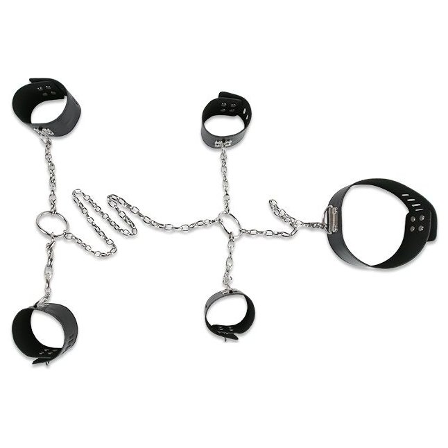 Набор для фиксации: наручники, оковы и ошейник, соединённые цепями и кольцами. Фотография 3.