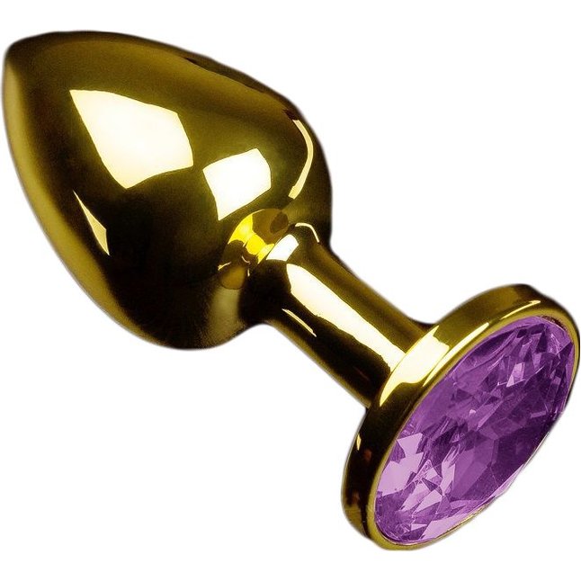 Маленькая золотистая анальная пробка с круглым кончиком и фиолетовым кристаллом - 7 см