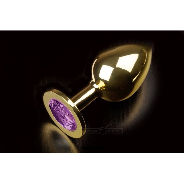 Большая золотая анальная пробка с закругленным кончиком и фиолетовым кристаллом - 9 см