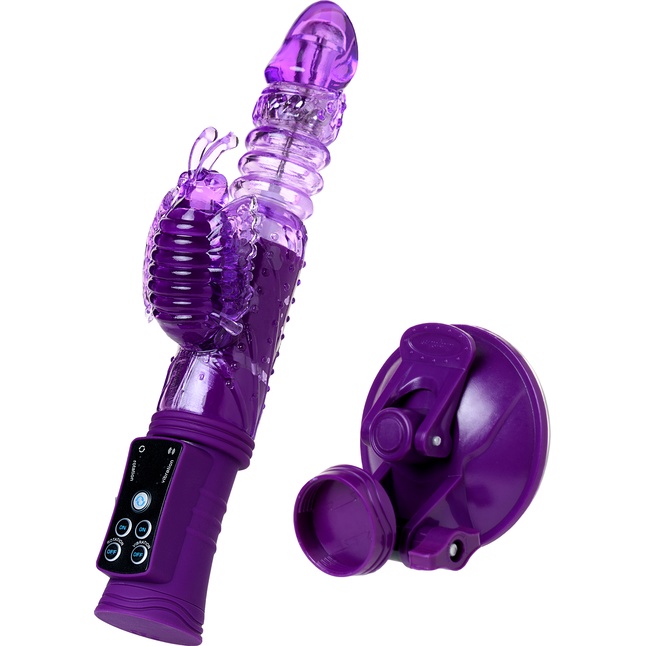 Фиолетовый вибратор с ротацией бусин, клиторальным стимулятором и надёжной присоской. Фотография 4.