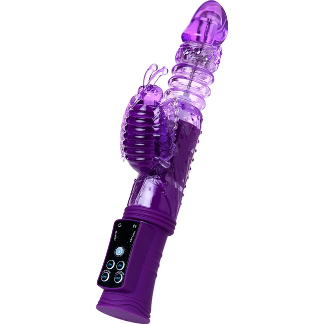 Фиолетовый вибратор с ротацией бусин, клиторальным стимулятором и надёжной присоской. Фотография 5.