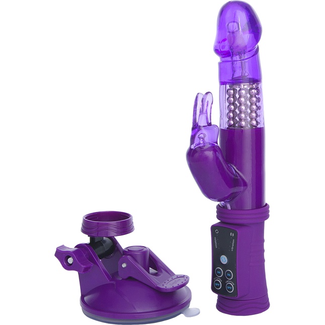 Фиолетовый вибратор с вращением бусин, клиторальным зайчиком и надёжной присоской. Фотография 3.