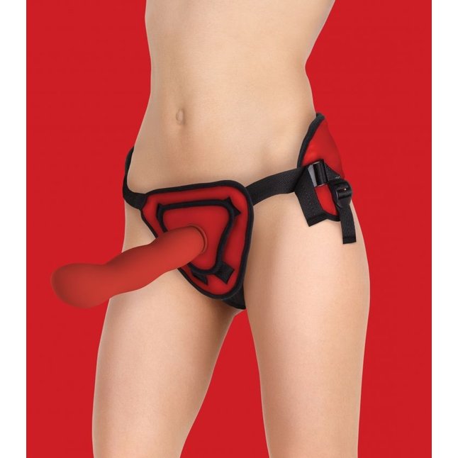 Красный страпон Deluxe Silicone Strap On 10 Inch с волнистой насадкой - 25,5 см - Ouch!. Фотография 5.