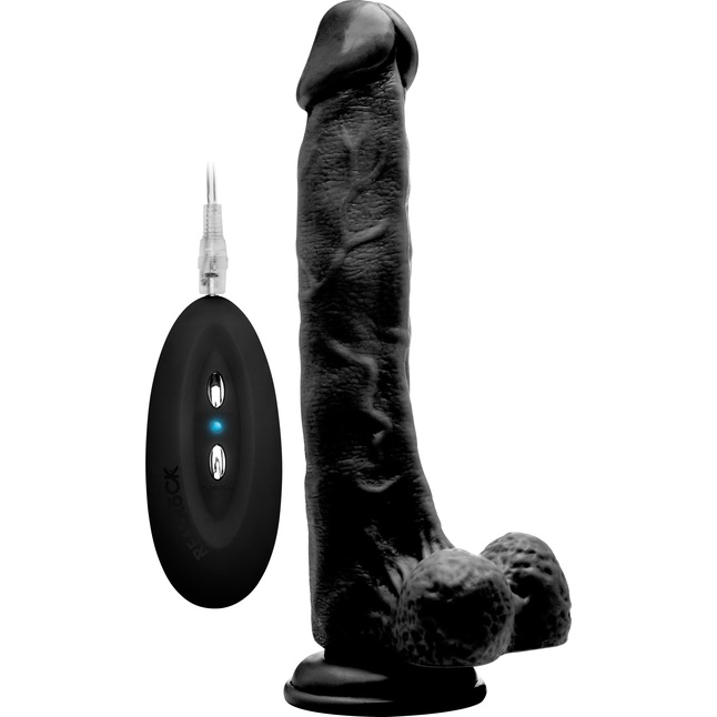 Чёрный вибратор-реалистик Vibrating Realistic Cock 10 With Scrotum - 27 см - RealRock