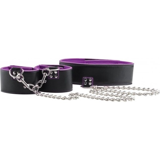 Чёрно-фиолетовый двусторонний ошейник с наручниками Reversible Collar and Wrist Cuffs - Ouch!. Фотография 4.