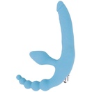  Картинка Голубой безремневой страпон с анальным отростком и вибрацией - 15 см.