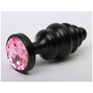  Чёрная ребристая анальная пробка с розовым кристаллом - 7, 3 см. 