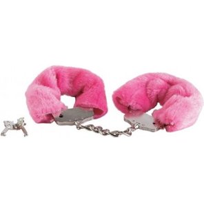  Розовые меховые наручники на сцепке с ключами 