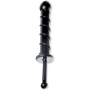  Черный стеклянный фаллос с тонкой ручкой и выпуклой спиралью 18,5 см 