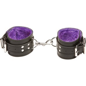  Чёрные кожаные наручники X-Play с фиолетовым мехом внутри 