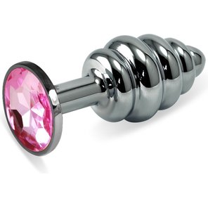  Серебристая ребристая анальная пробка с розовым кристаллом 7,6 см 