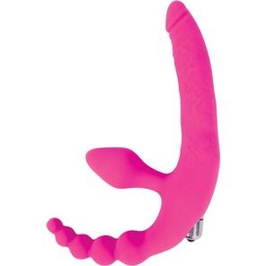  Розовый безремневой страпон с анальным отростком и вибрацией 15 см 
