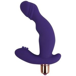  Фиолетовый силиконовый изогнутый вибромассажер с отростком 