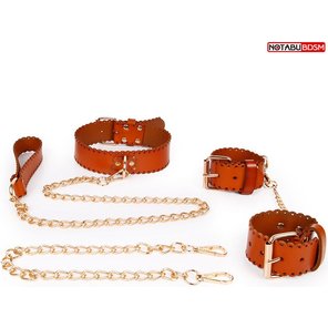  Изысканный кожаный набор с золотистыми цепочками: наручники, ошейник с поводком 