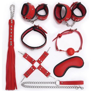  Пикантный красно-черный набор БДСМ: маска, ошейник, кляп, фиксатор, наручники, оковы, плеть 