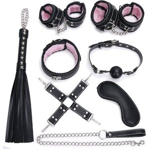  Пикантный черно-розовый набор БДСМ: маска, ошейник, кляп, фиксатор, наручники, оковы, плеть 