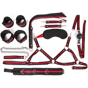  Черно-красный набор БДСМ: наручники, оковы, ошейник с поводком, кляп, маска, плеть, лиф 