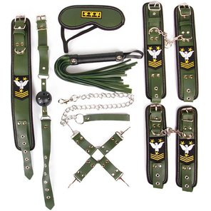  Набор в армейской тематике: наручники, оковы, ошейник с поводком, кляп, маска, плеть, фиксатор 