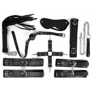  Большой черный набор БДСМ: наручники, оковы, ошейник с поводком, кляп, маска, плеть, фиксатор 
