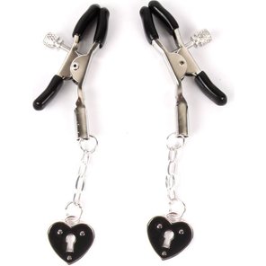  Черные металлические зажимы на соски с декором в виде сердечек на цепочке 