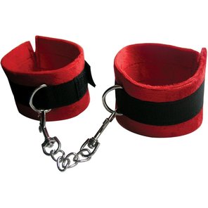  Красно-черные наручники из текстиля с цепочкой на карабине 