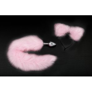  Серебристая анальная пробка с розовым хвостиком и ободком-ушками 