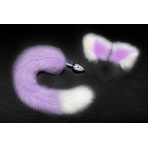  Серебристая анальная пробка с фиолетово-белым хвостиком и ободком-ушками 