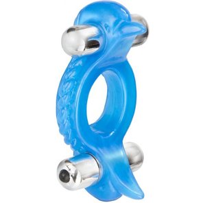  Голубое эрекционное кольцо с 2 виброэлементами Double Dolphin 