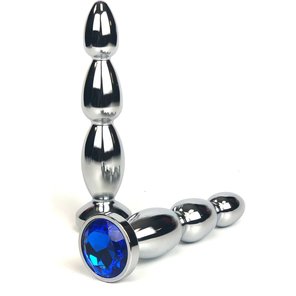  Серебристая анальная пробка-ёлочка с синим кристаллом 13 см 