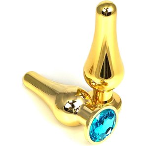  Золотистая удлиненная анальная пробка с голубым кристаллом 11,5 см 